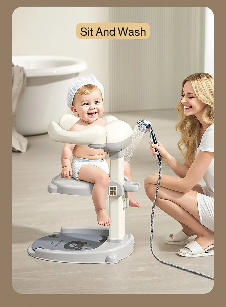 Adjustable Kids Shower Stand with Wraparound Support, Textured Base and Showerhead Holder, Gray or Brown Options for Adult-Supervised Bathing