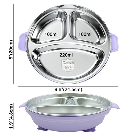 Stainless Steel Baby Feeding Set, 4-Piece Tableware with Three-Section Suction Plate, Handled Bowl, Spoon and Fork in Four Colors