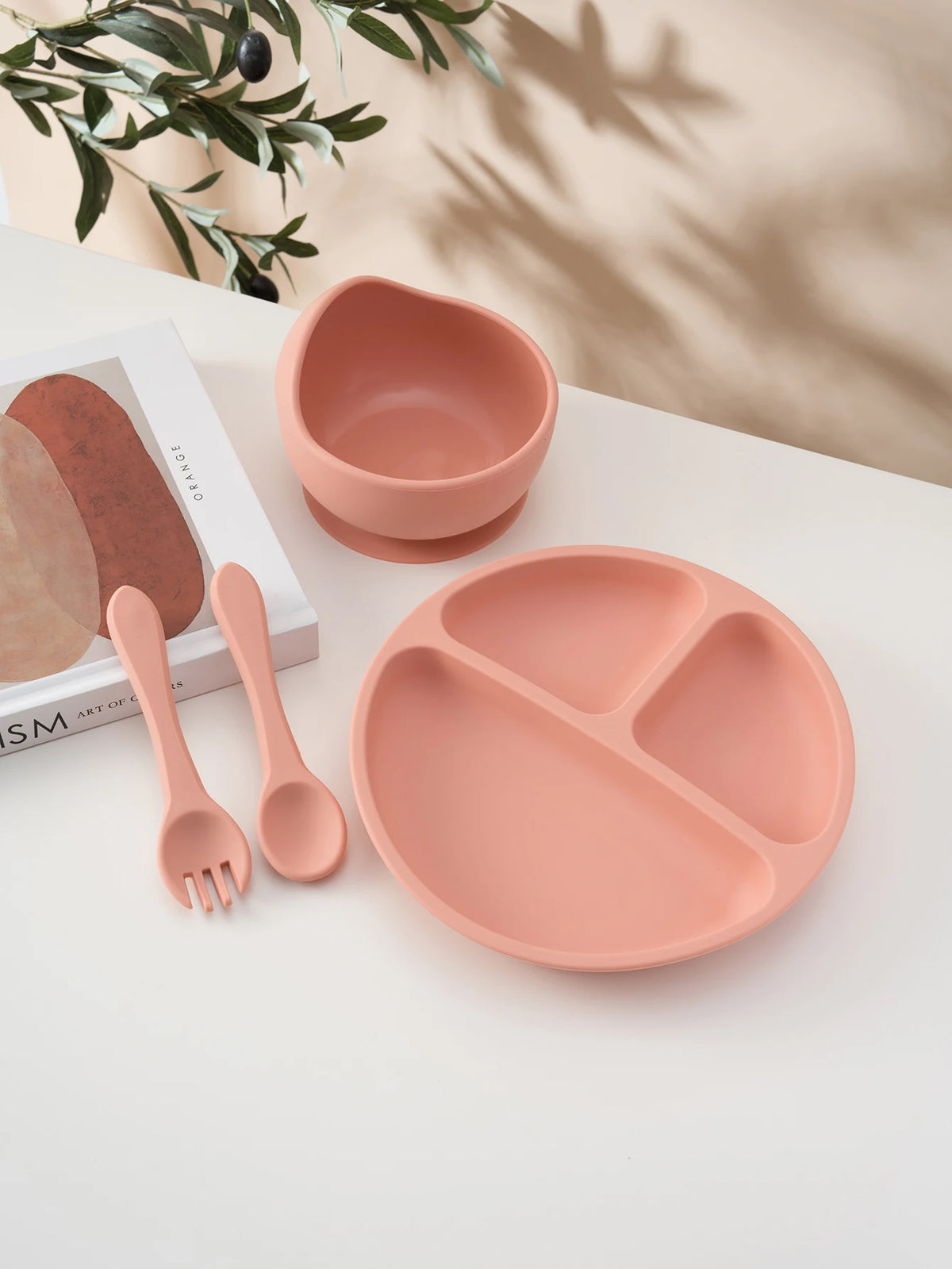 Four-Piece Silicone Baby Feeding Set with Three-Section Suction Plate, Bowl, Spoon and Fork for Supervised Toddler Meals in Ten Color Options
