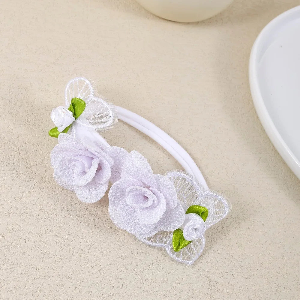 Flower Baby Headbands, 5-Piece Nylon Elastic Band Set with Layered Fabric Roses and Mesh Butterfly Accents for Supervised Outfit Photos