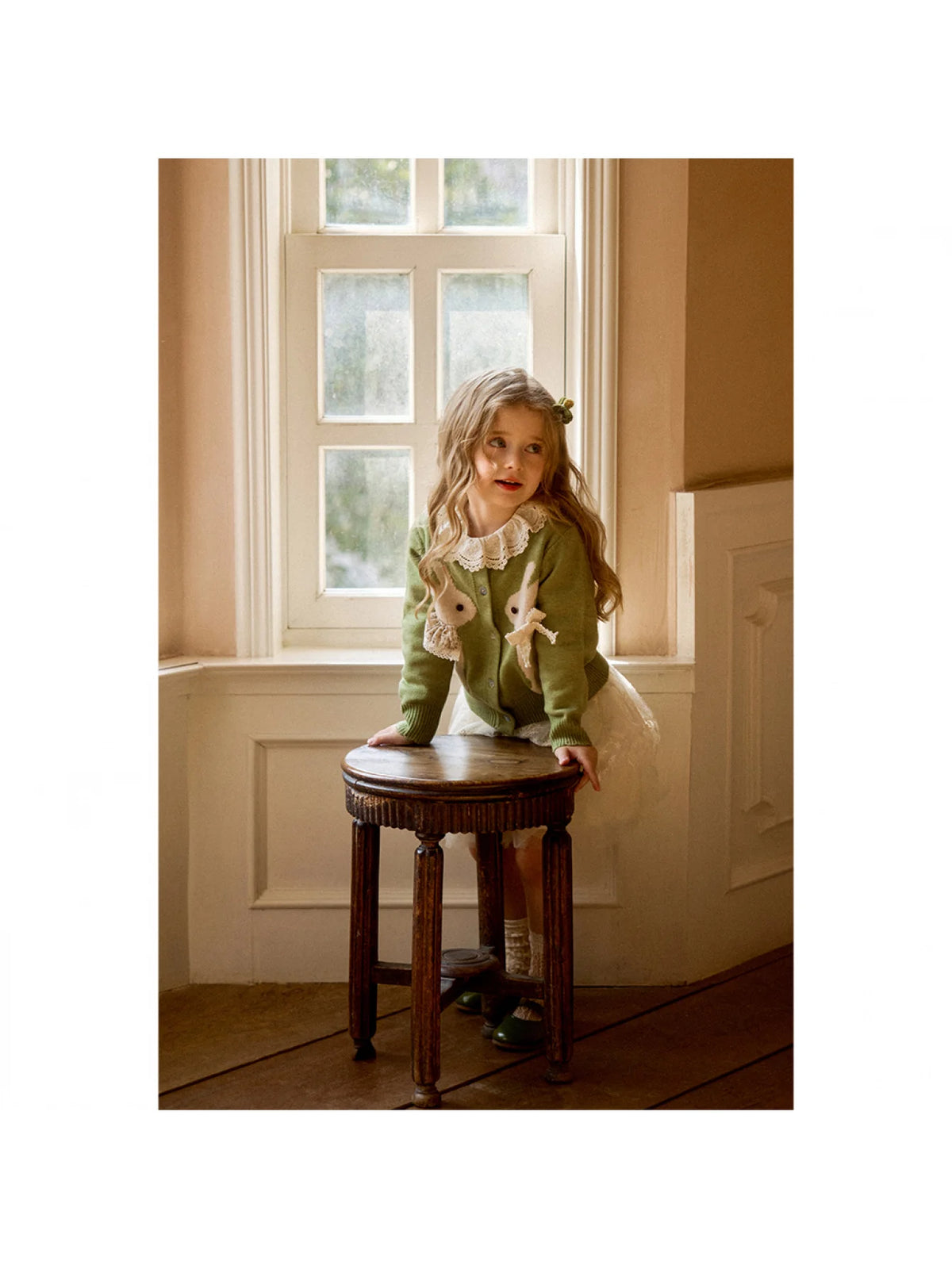 Girls Bunny Jacquard Cardigan, Green Button-Front Knit Sweater with Long Sleeves and Ribbed Cuffs and Hem for Spring Outings and Fall Layering