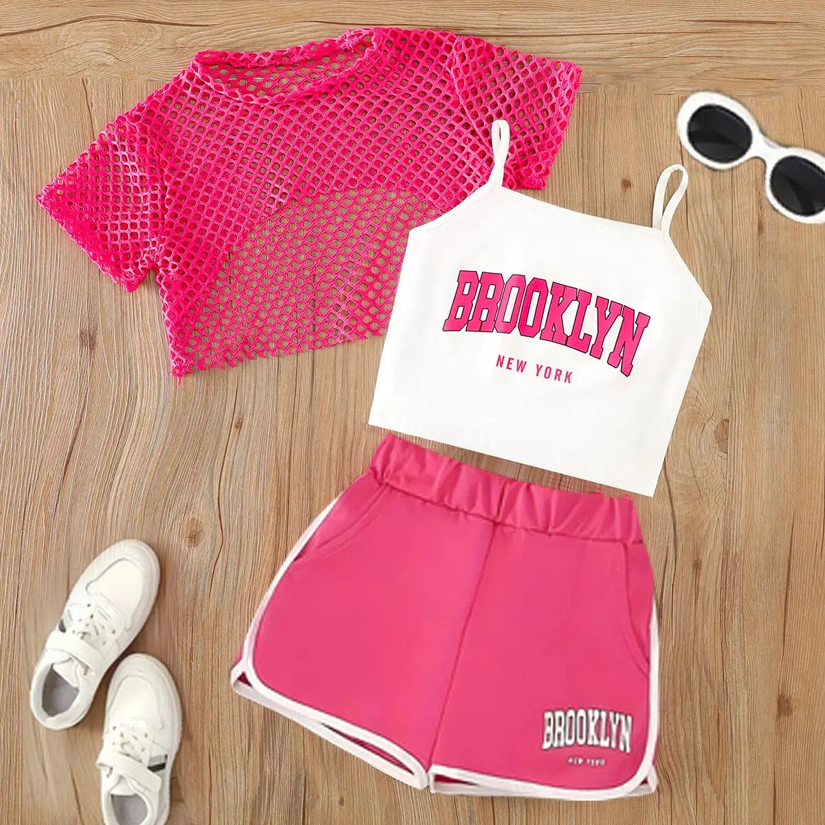 Girls Mesh Top and Shorts Outfit with Brooklyn Print Cami, Three-Piece Summer Set with Short Sleeves and Elastic Waist for Ages 8-12