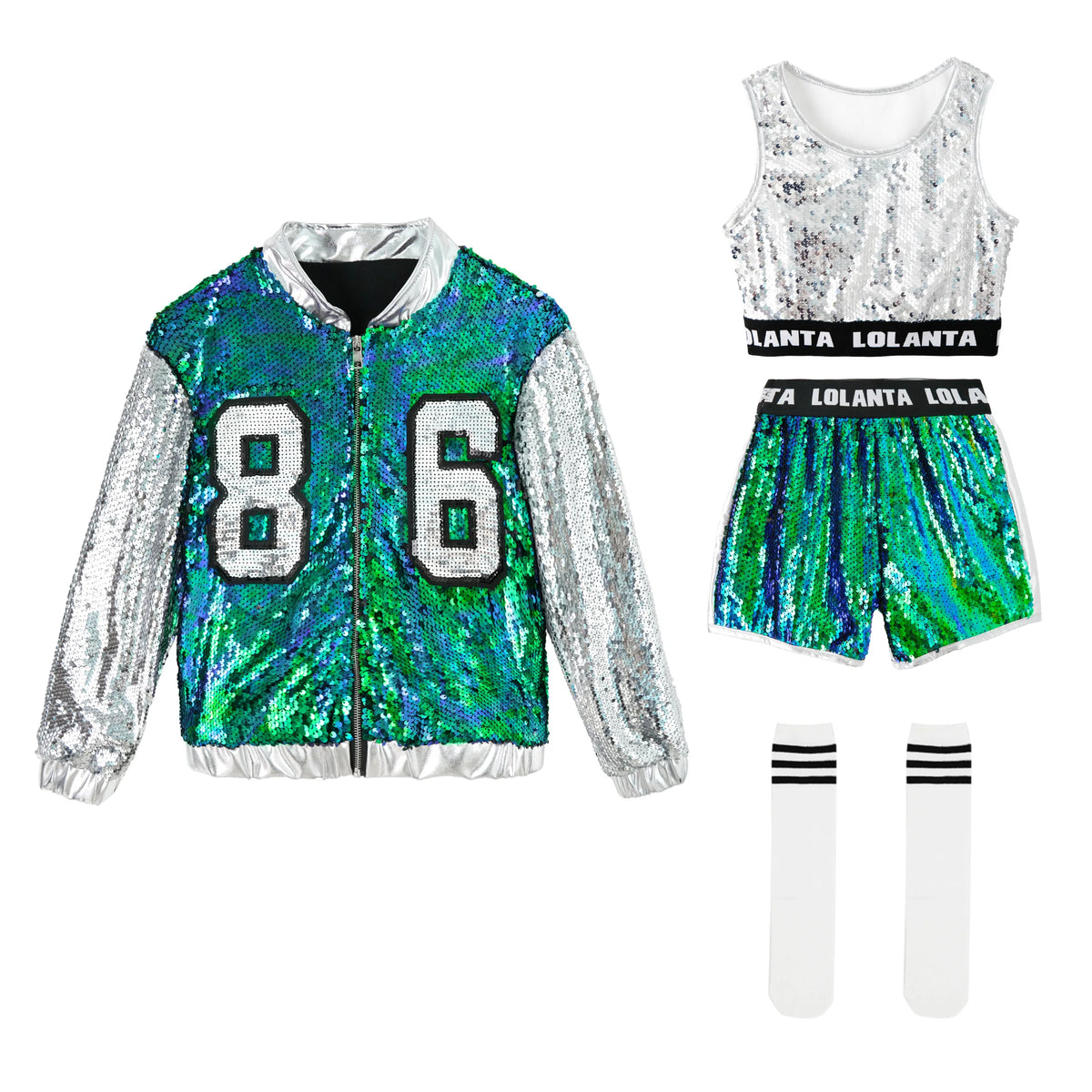 Girls Sequin Hip Hop Dance Costume Set with Metallic Trim Jacket, Crop Top, Shorts and Striped Socks for Jazz Recitals and Stage Performances