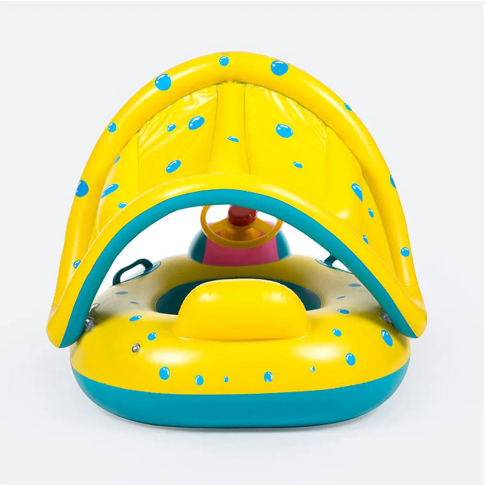 Yellow Baby Pool Float Seat with Sunshade and Steering Wheel, Inflatable Seated Swim Ring for Closely Supervised Summer Pool Play