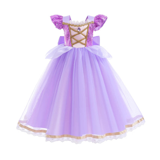 Purple Princess Costume Dress for Girls, Rapunzel-Inspired Puff Sleeve Mesh Party Gown for Birthday Dress-Up and Halloween Celebrations