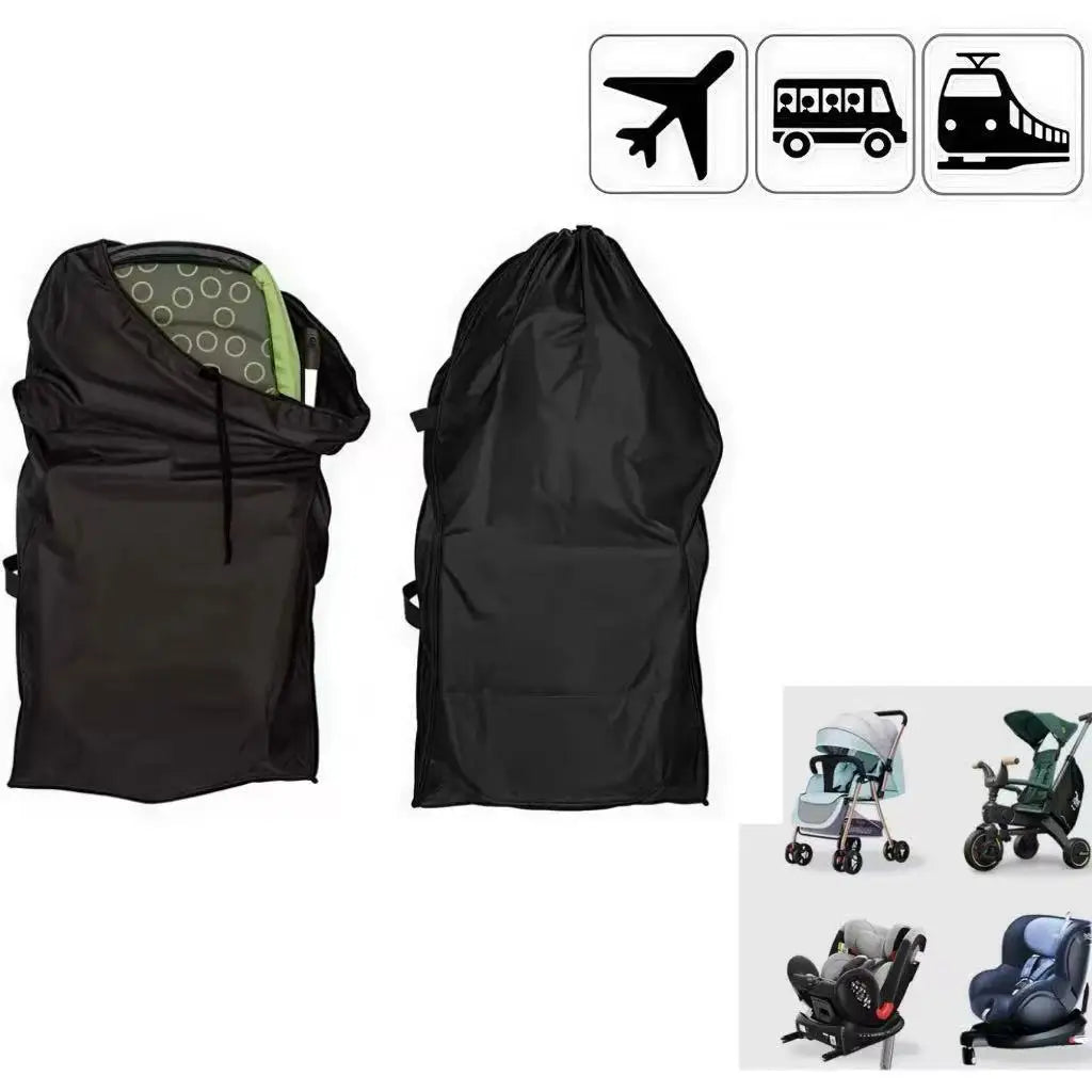 Stroller Gate Check Bag in Black Oxford Cloth with Drawstring Closure and Carry Handles, Foldable Travel Storage Cover for Compact Strollers
