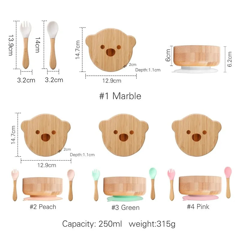 Bamboo Baby Tableware Set with Animal Plate Designs, Bowl, Cup and Wooden-Handle Utensil Options for Supervised Infant and Toddler Mealtimes