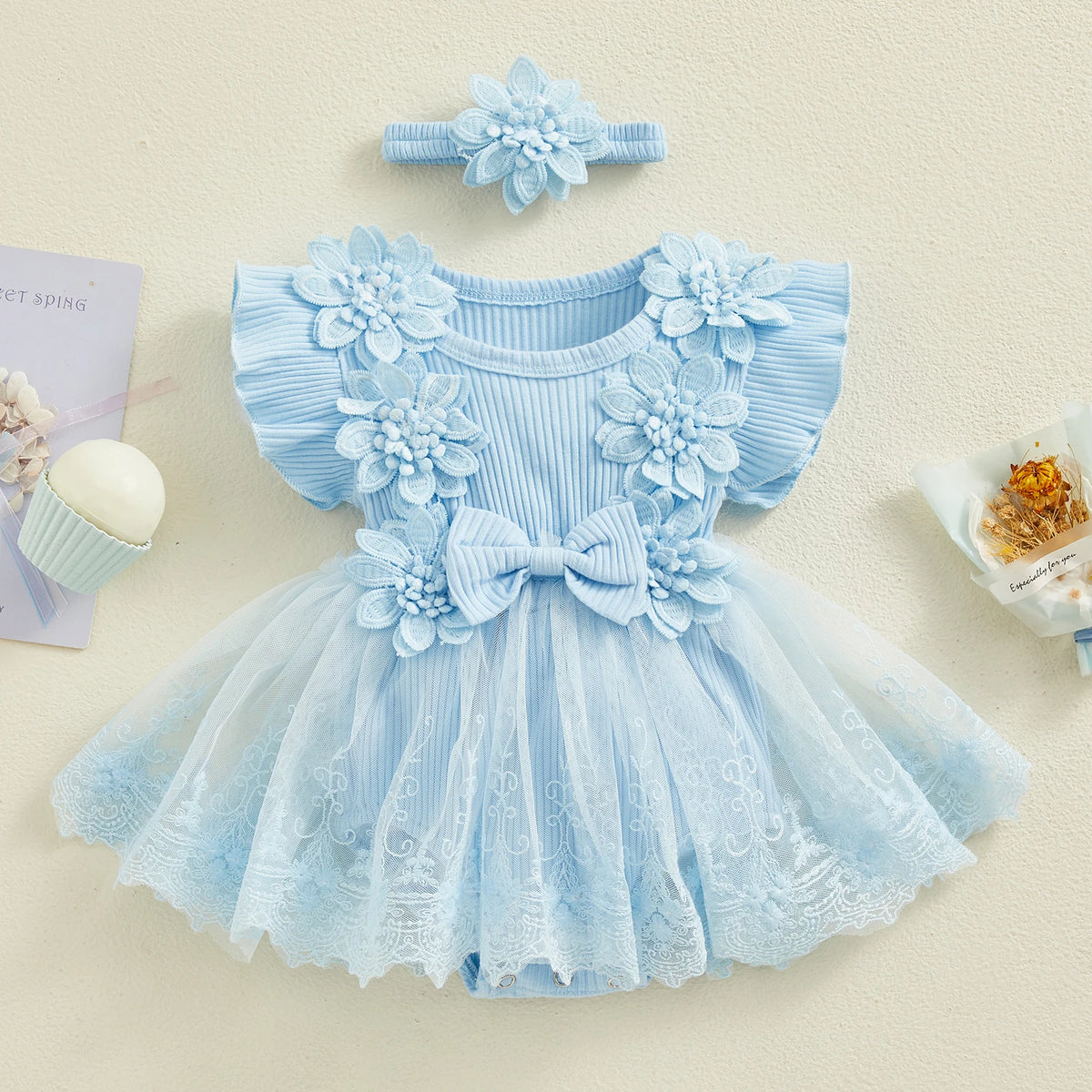 Flower Applique Baby Girl Romper Dress with Headband, Lace Mesh Skirt and Waist Bow, Cotton Blend Summer Occasion Outfit for 0-18 Months