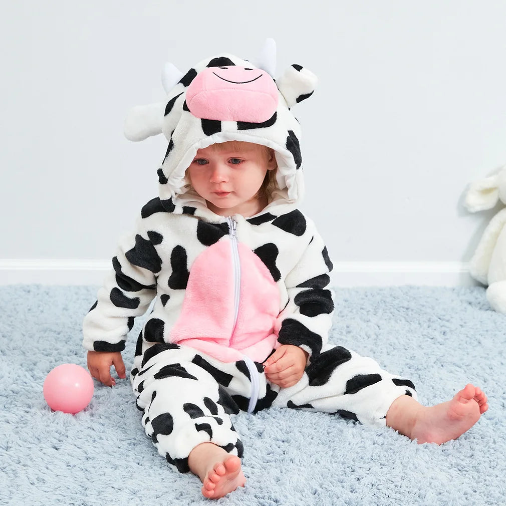 Animal Kigurumi Costume for Babies and Toddlers, Hooded Flannel Jumpsuit with Long Sleeves for Halloween Dress-Up and Family Photos