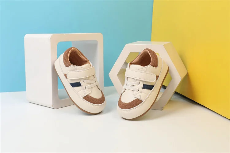 Baby Colorblock Strap Sneakers in Microfiber Leather, DIMI Low-Top Casual Shoes for Boys and Girls in Blue Pink or Brown, Spring and Fall Outfits
