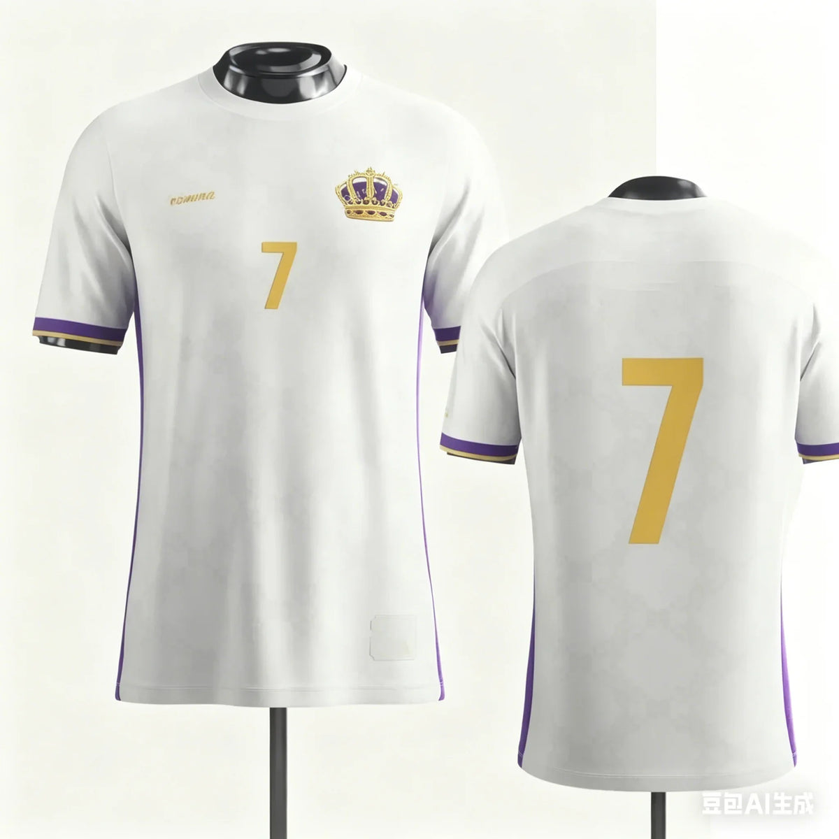 Number 7 Soccer Fan Shirt for Kids and Adults, Short Sleeve Football Jersey Style Top with Black Graphic and White Gold Designs for Family Matching