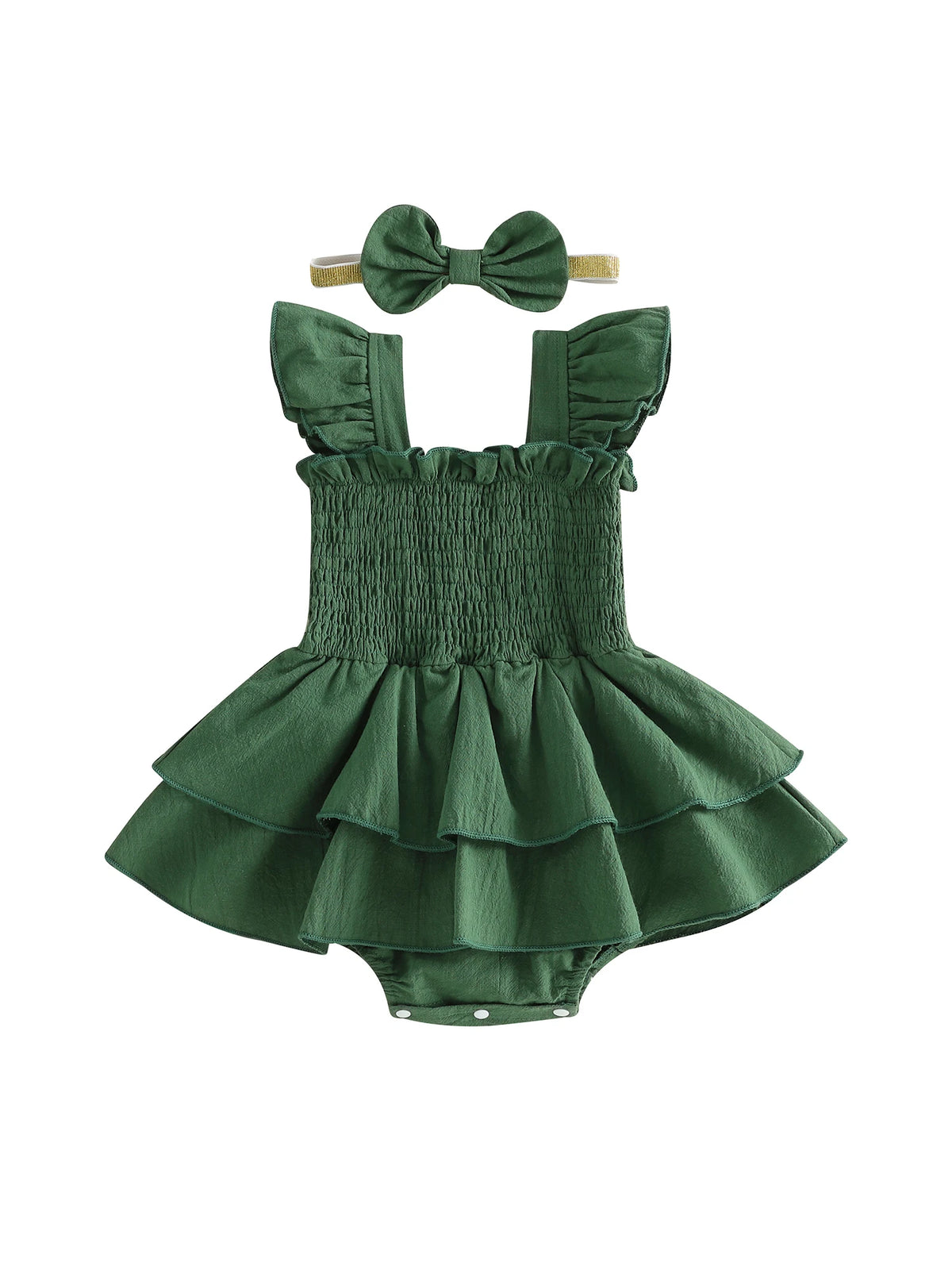 Tiered Baby Girl Romper Dress with Bow Headband, Smocked Cotton Blend Bodice and Flutter Straps, Solid Color Summer Outfit for 0-18 Months