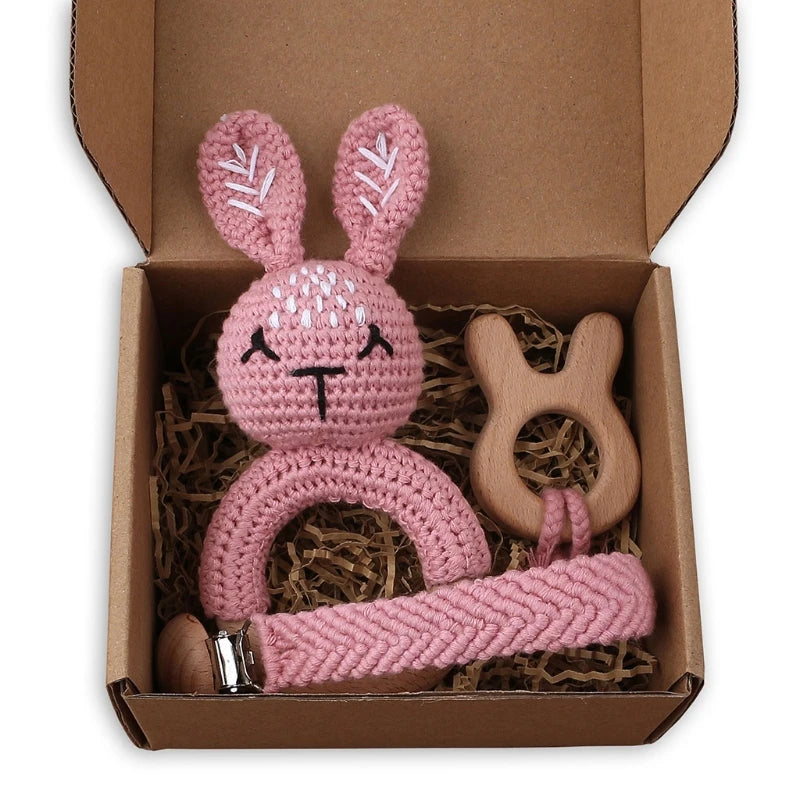 Crochet Animal Rattle Set with Wooden Ring and Coordinating Accessories, Rabbit, Deer and More Designs for Supervised Play and Baby Shower Gifts