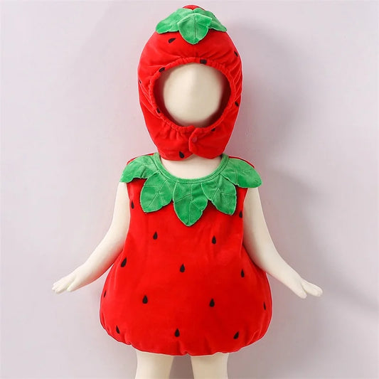 Baby Strawberry Costume with Hat, Red Fruit Romper with Green Leaf Trim for Infant Halloween Dress-Up, Berry-Themed Parties and Photo Sessions
