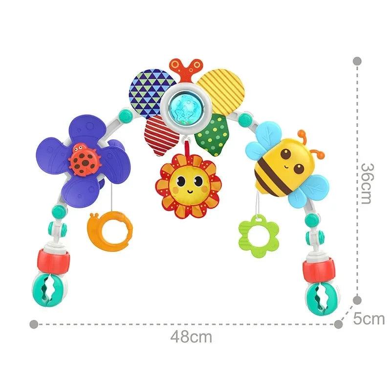 Stroller Activity Toy Arch with Colorful Hanging Play Details, Ocean or Bee Theme Clip-On Baby Play Bar for Supervised Sensory Exploration