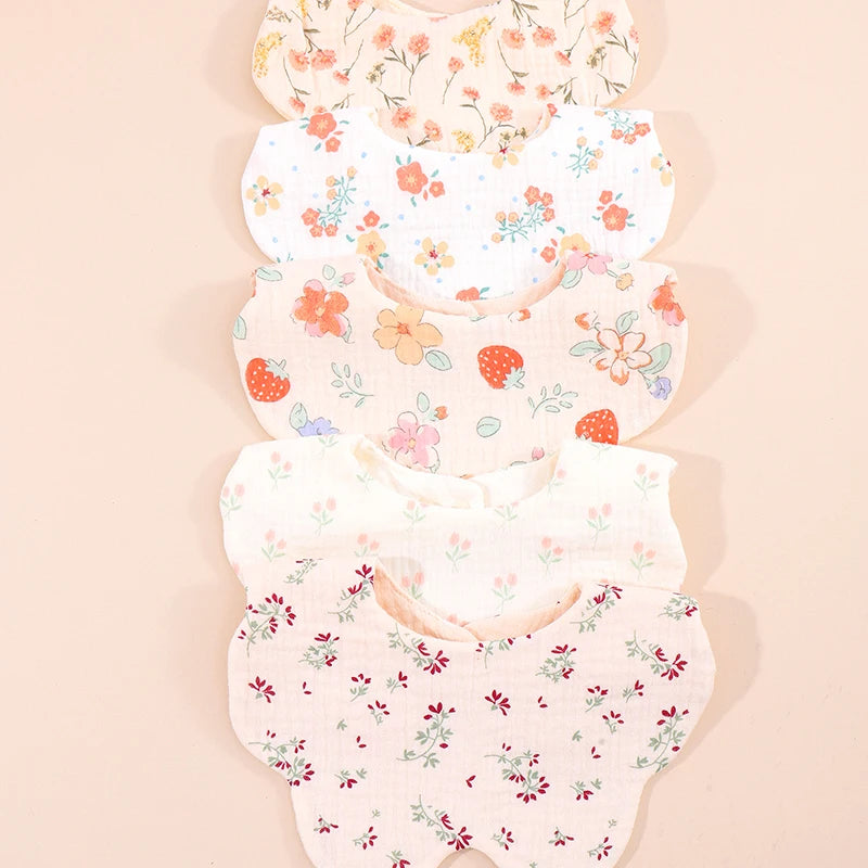 Floral Cotton Baby Bibs 5-Pack with Scalloped Edges, Korean-Style Newborn Drool Bib Set for Boys and Girls, Feeding and Baby Shower Gifts