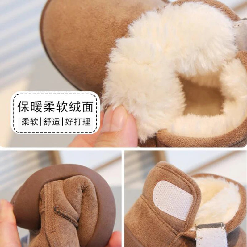 Toddler Plush-Lined Short Boots with Rounded Toe and Cuff Detail, Brown, Black, Pink or Beige Winter Shoes for Boys and Girls, CN15-24