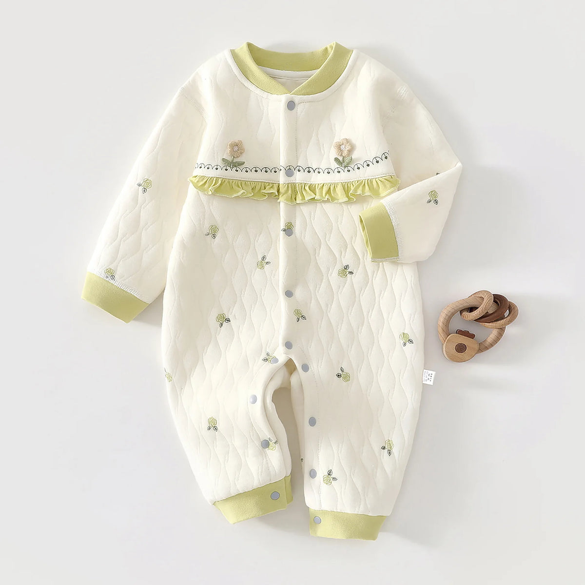Quilted Baby Snap-Front Romper with Cartoon Dog or Dinosaur Details, Long Sleeve Footless Jumpsuit with Contrast Cuffs for Infant Everyday Outfits
