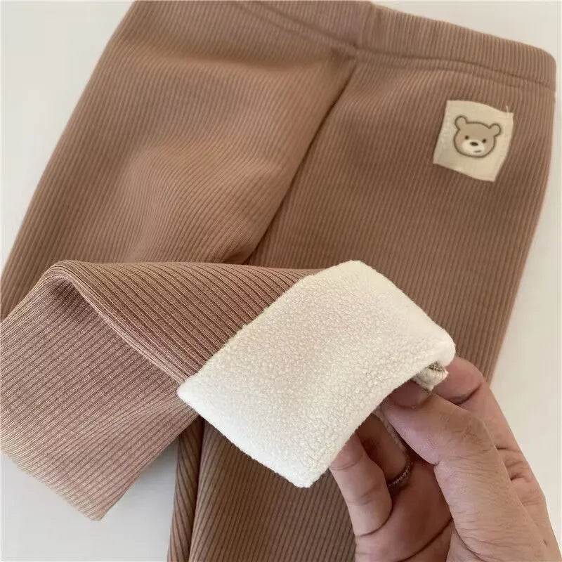 Fleece Lined Leggings for Toddler Girls with Bear Patch, Slim Fit Polyester Pants in Four Neutral Colors, Sizes 12M and 2T–6T for Fall Layering