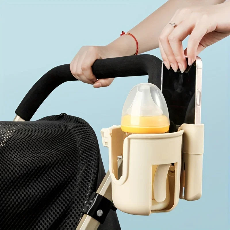 Stroller Beverage and Phone Organizer with Clamp Mount, 2-in-1 Cup and Bottle Holder in Black or Beige for Compatible Stroller and Wheelchair Frames
