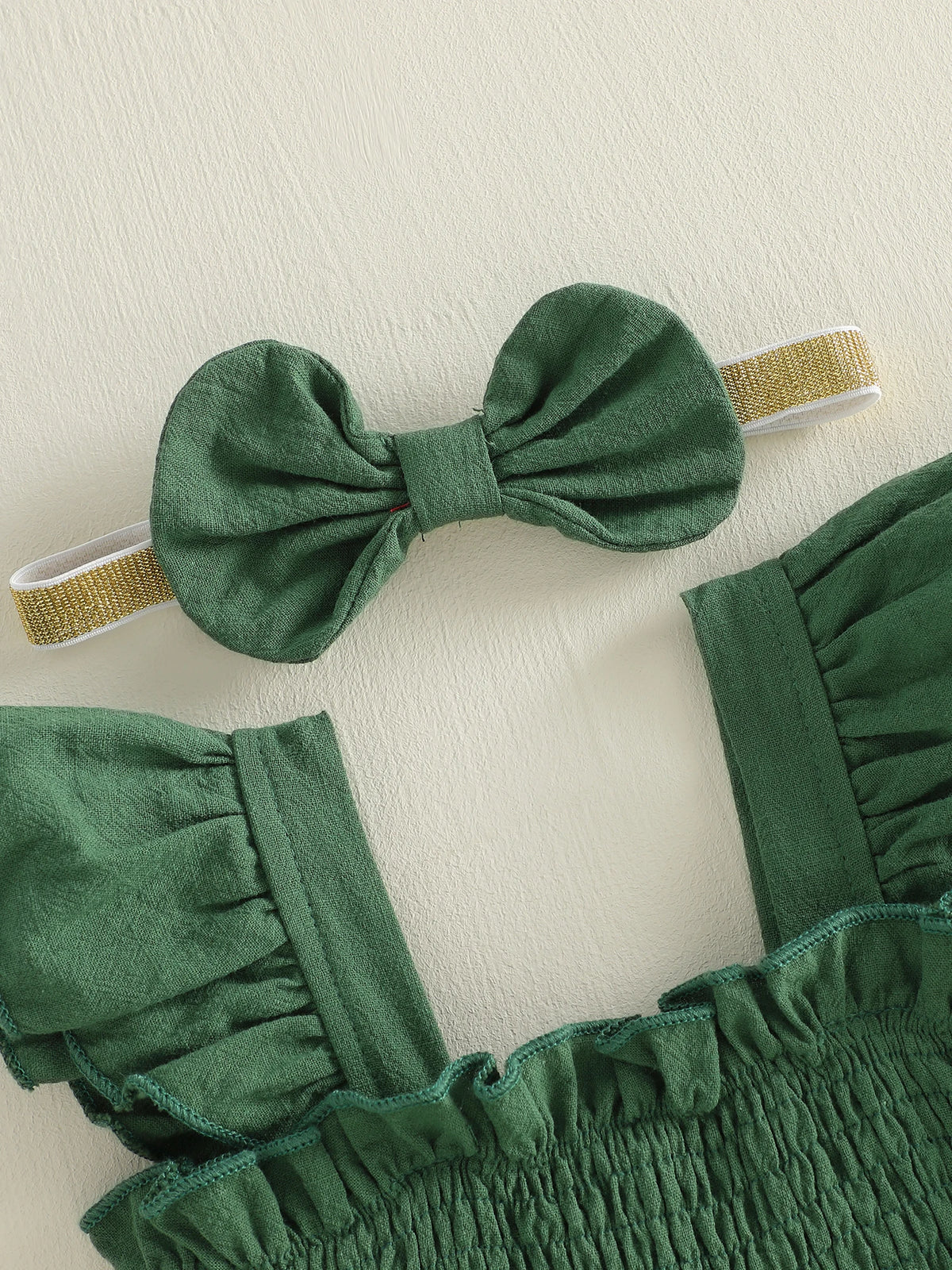 Tiered Baby Girl Romper Dress with Bow Headband, Smocked Cotton Blend Bodice and Flutter Straps, Solid Color Summer Outfit for 0-18 Months