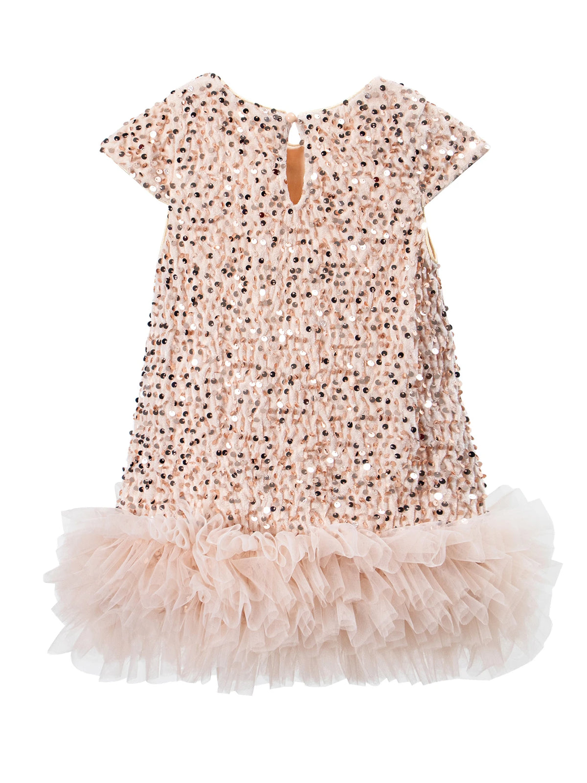 Girls Sequin Party Dress, Short Sleeve Sparkle Dress with Fluffy Mesh Ruffle Hem and Cotton Blend Lining for Birthdays and Holiday Photos, 2T-6T