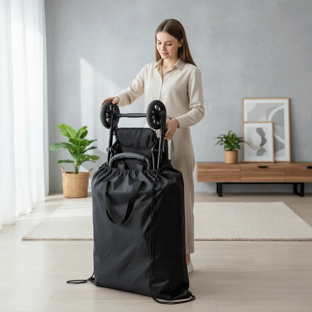 Stroller Gate Check Bag in Black Oxford Cloth with Drawstring Closure and Carry Handles, Foldable Travel Storage Cover for Compact Strollers