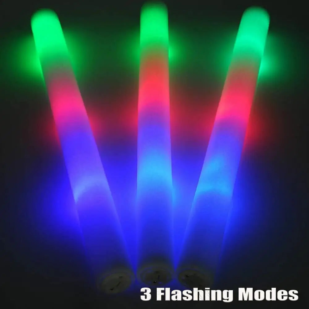 Bulk RGB LED Glow Sticks, 100-Pack Light-Up Foam Cheer Tubes with 3 Flashing Modes and Included Batteries for Weddings, Birthdays and Christmas Parties