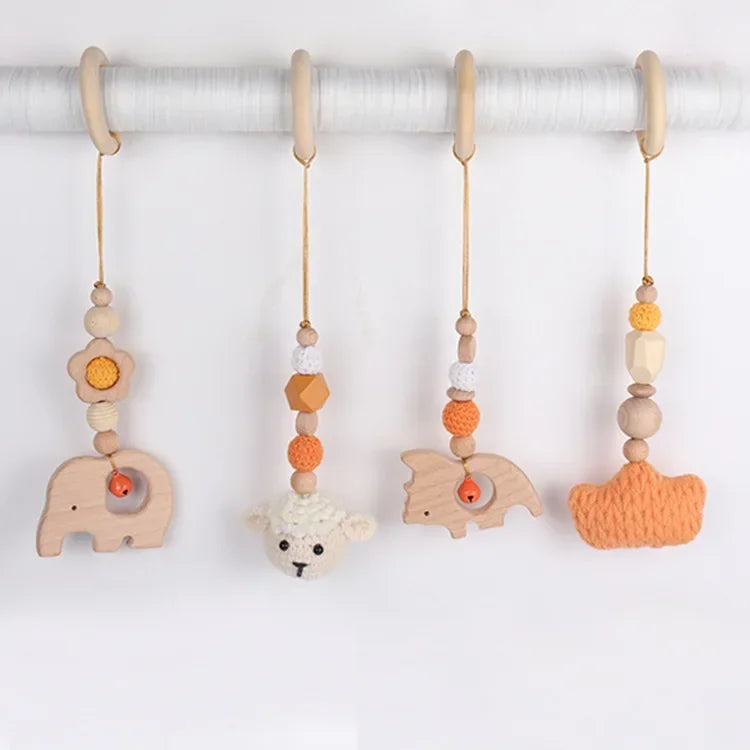 Beech Wood Baby Gym Toy Set, 4 Hanging Animal Pendants with Yarn Details and 5.8 cm Rings for Supervised Looking and Reaching, Frame Not Included