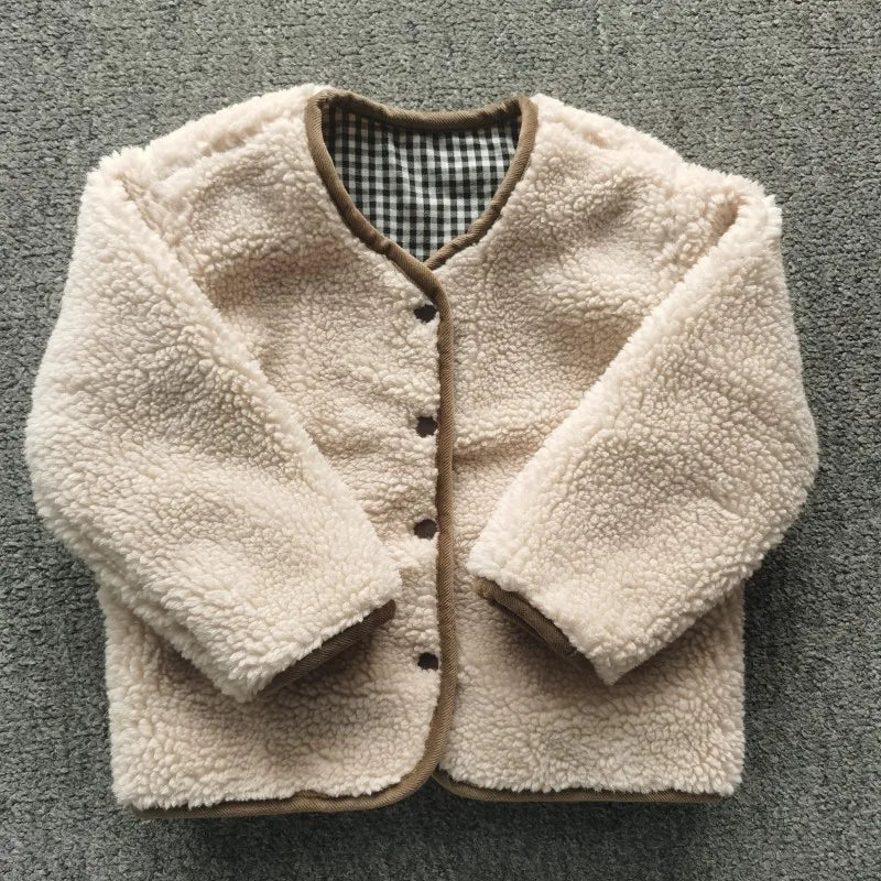 Toddler Reversible Plaid Jacket with Plush Reverse, V-Neck Snap Front and Patch Pockets, Brown or Beige Kids Fall Winter Layer, Sizes 12M-6T
