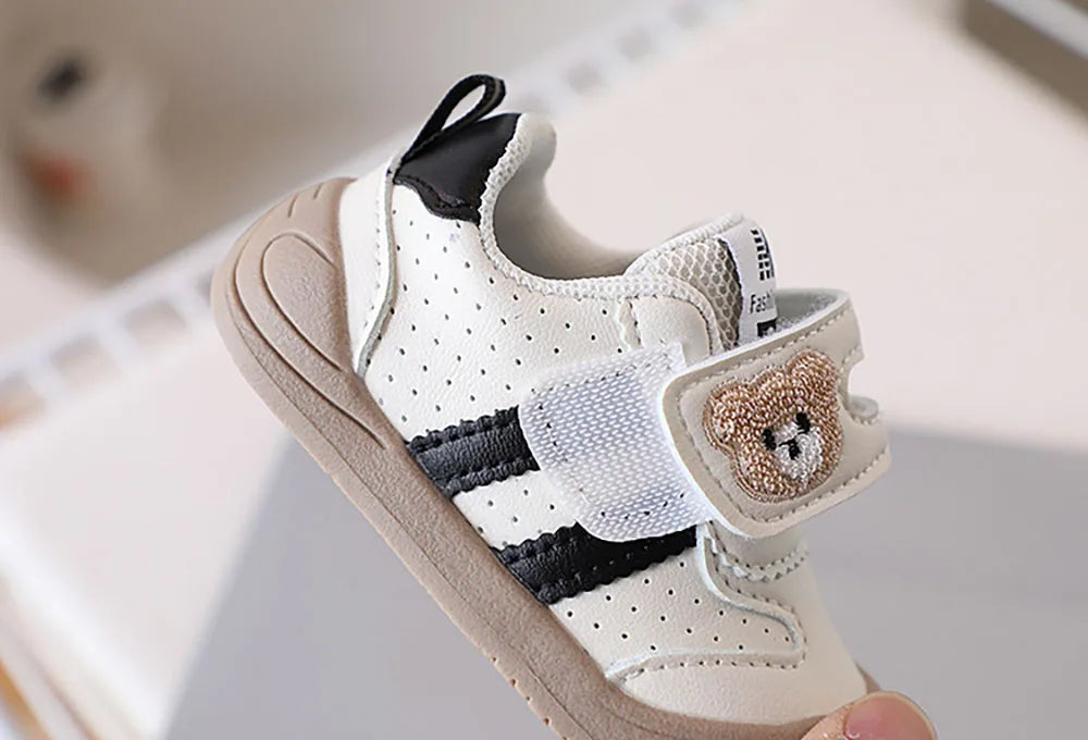Toddler Bear Sneakers with Hook-and-Loop Strap, Perforated Upper and Striped Sides, Baby Boys and Girls Casual Shoes in Black Gold or Red, Sizes 16-25