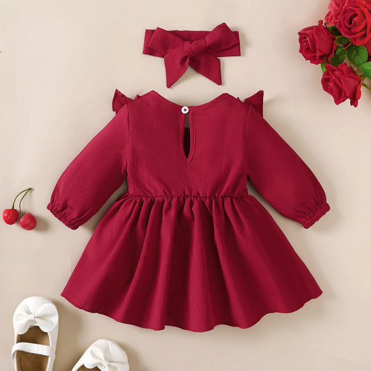 Infant Girls Long Sleeve Dress and Headband Set with Ruffle Shoulders and Bow, Spring and Fall Party Outfit for Babies 1-18 Months
