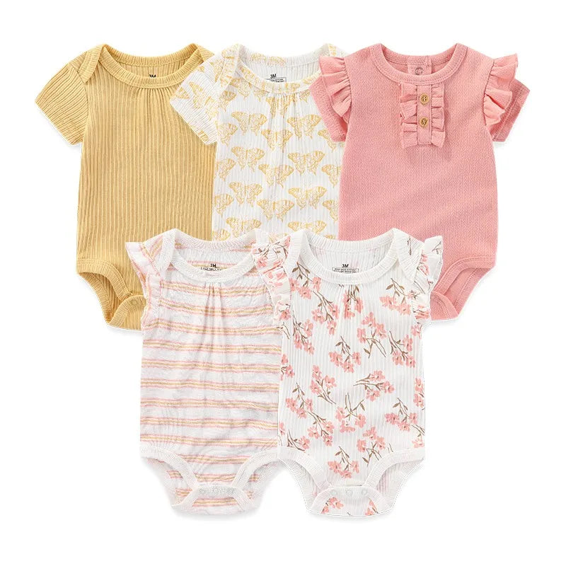Cotton Baby Bodysuit Set of 5, Short Sleeve and Sleeveless Infant Clothing Styles with Solid Colors and Prints for Boys and Girls, 3M-12M