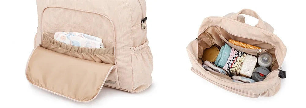 Corduroy Diaper Backpack by Soboba, Large Capacity Baby Changing Bag with Interior Pockets, Front Zip Storage and Side Pockets for Daily Outings