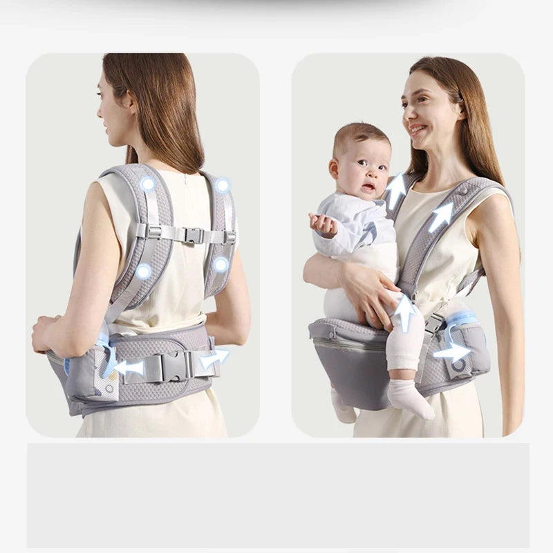Front and Back Baby Carrier with Hip Seat, Adjustable Buckle Straps and Wide Waist Belt, Gray or Dark Blue Babywearing for Family Outings