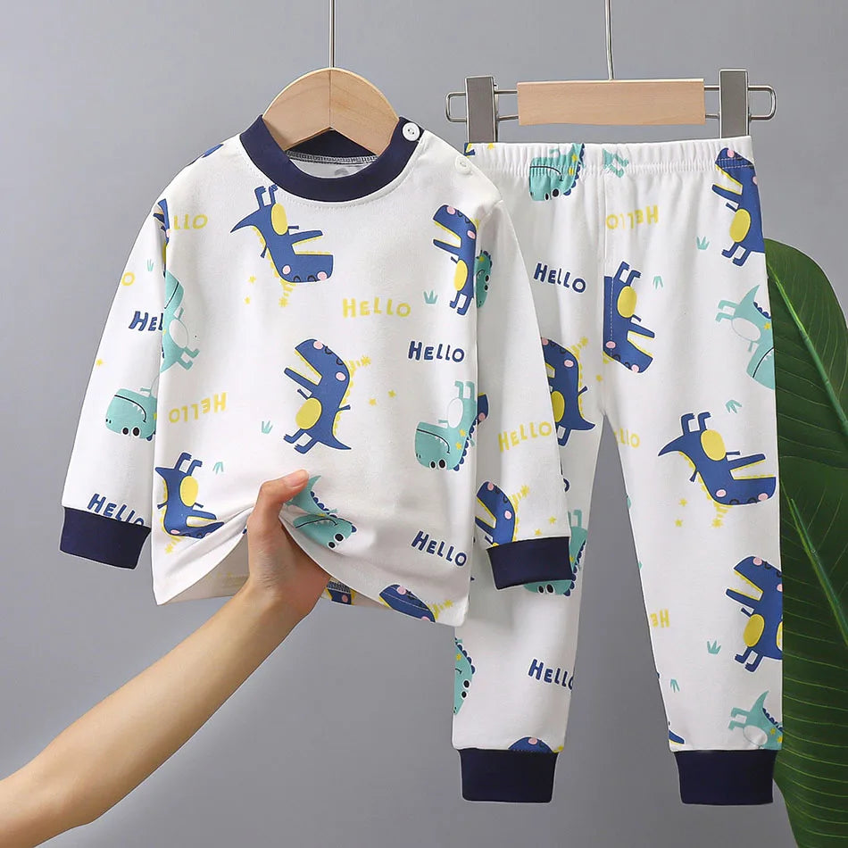 Dinosaur Print Kids Cotton Two-Piece Set with Long Sleeve Top and Matching Cuffed Pants, Unisex Baby and Toddler Outfit in Sizes 73-130