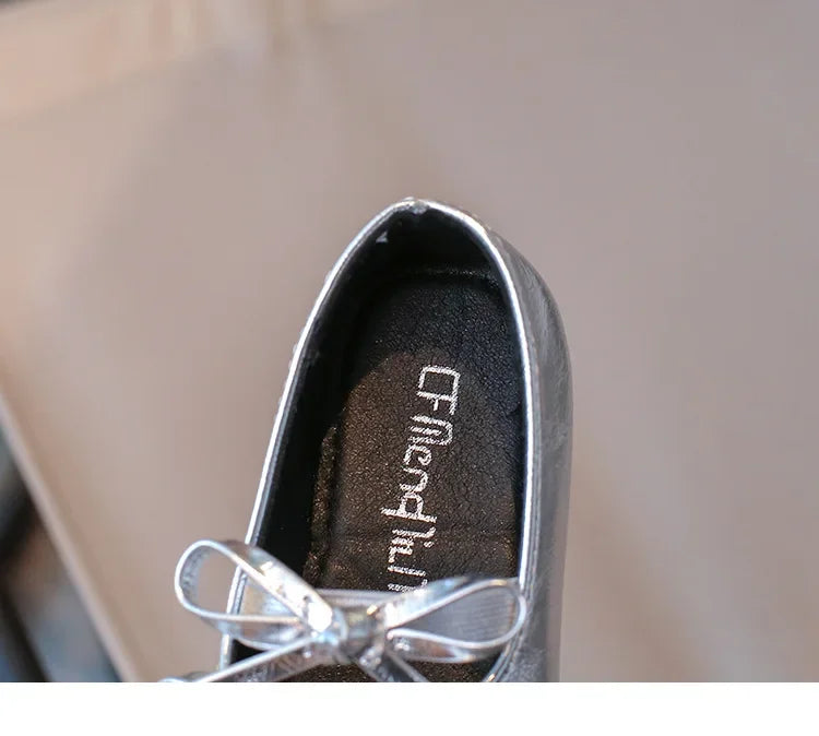 Girls Square-Toe Double-Bow Dress Flats with Cross-Strap Detail in Silver, Black or Gold for Party Outfits, Family Celebrations and Special Occasions