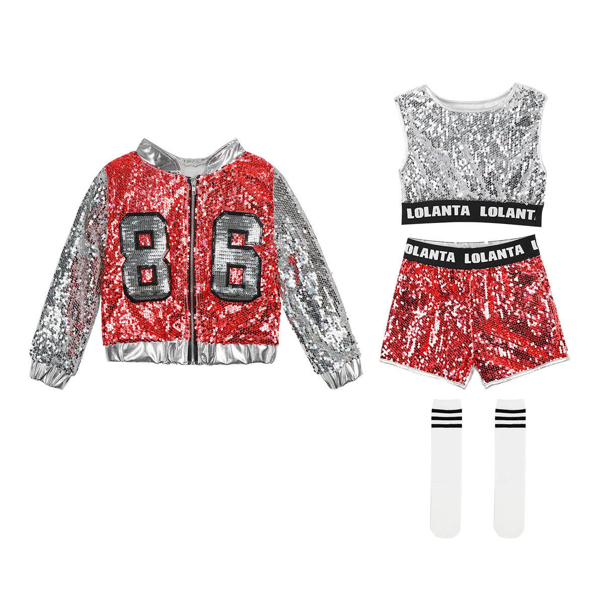 Girls Sequin Hip Hop Dance Costume Set with Metallic Trim Jacket, Crop Top, Shorts and Striped Socks for Jazz Recitals and Stage Performances