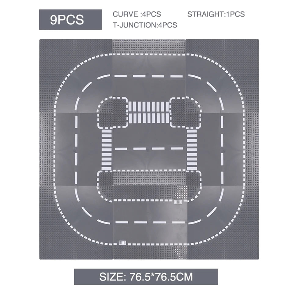 City Road Building Block Base Plates, 25.5 x 25.5 cm Single-Sided Street Panels for Brick Town Layouts, Traffic Scenes and Creative Construction Play
