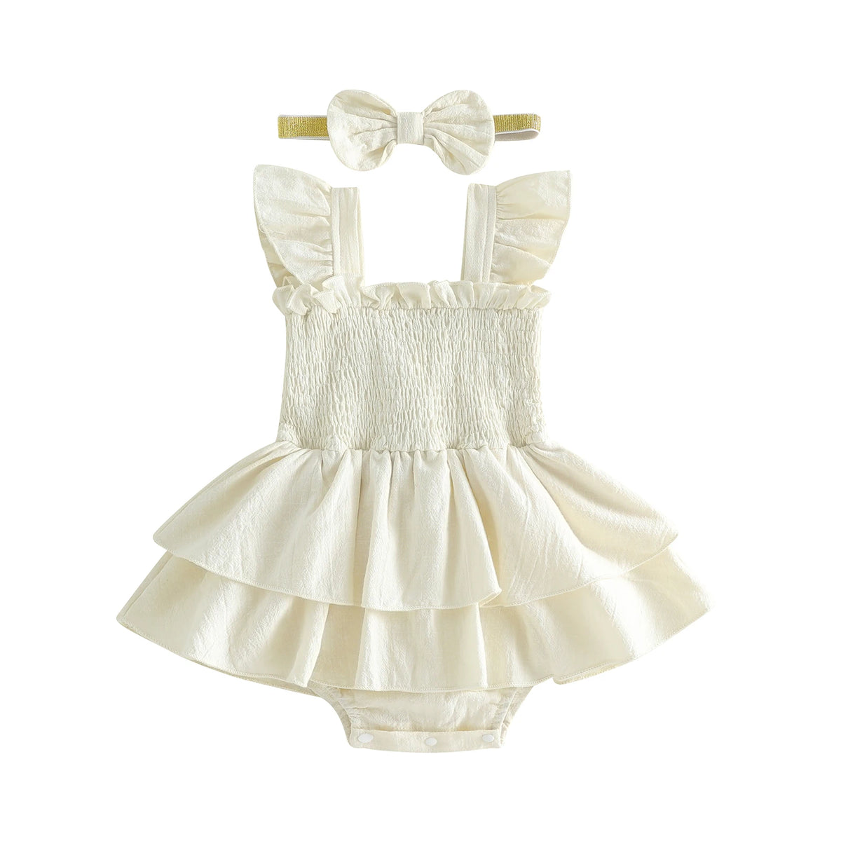Tiered Baby Girl Romper Dress with Bow Headband, Smocked Cotton Blend Bodice and Flutter Straps, Solid Color Summer Outfit for 0-18 Months