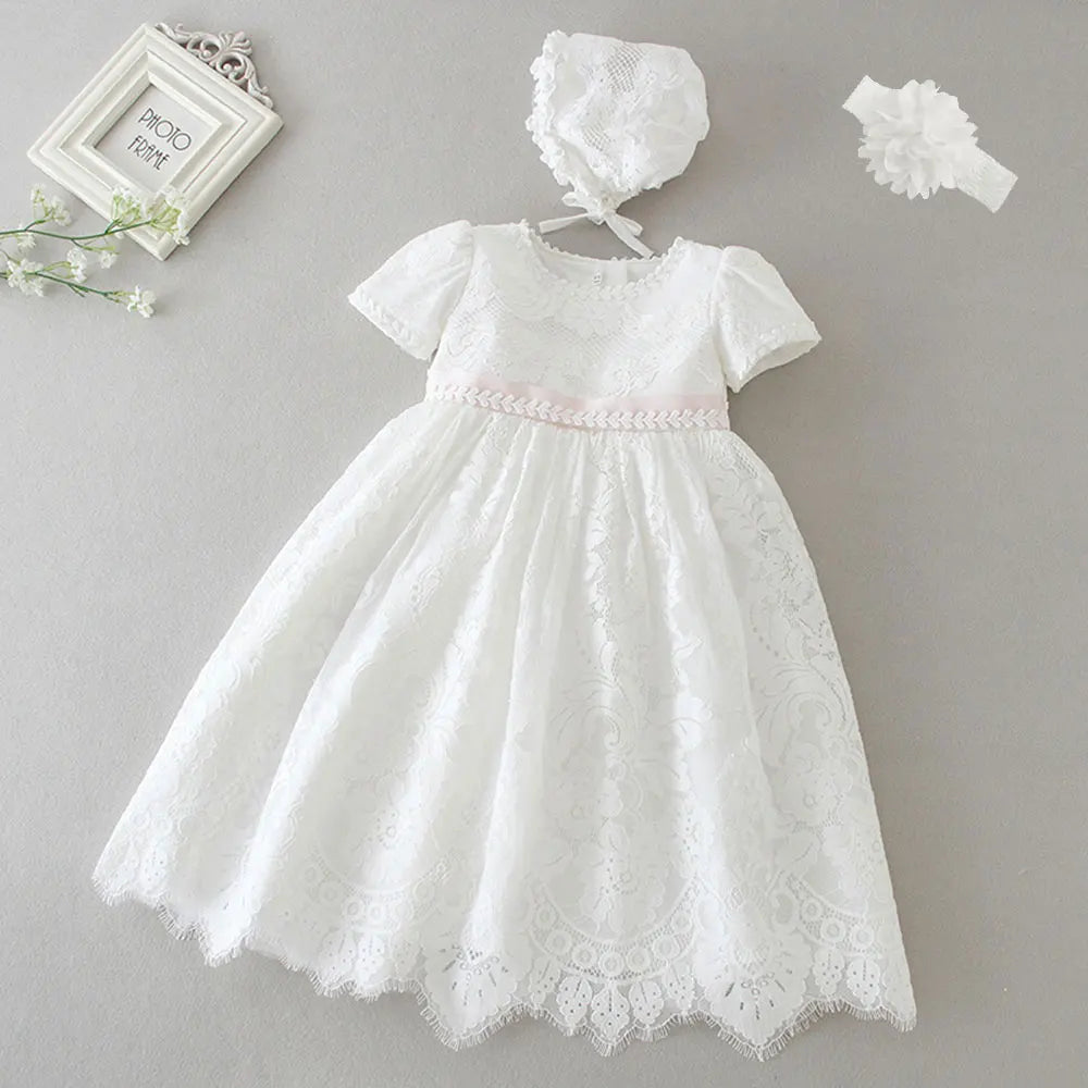 Baby Baptism Gown for Girls with Long Sleeves, Lace Details and Cotton Lining, Dress and Cap Set for Christening and First Birthday Photos
