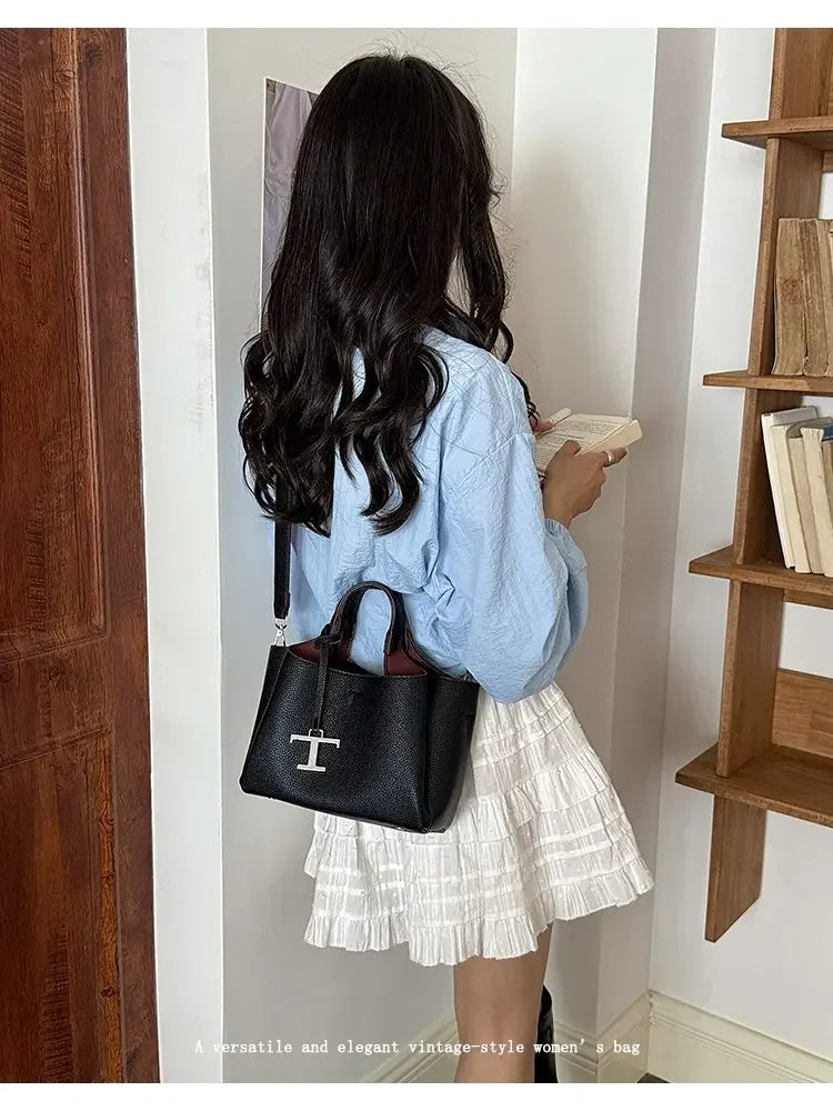Diaper Tote Bag with Leather-Look Finish, Top Handles and Long Shoulder Strap, Vintage-Style Baby Essentials Handbag for Moms and Everyday Outings