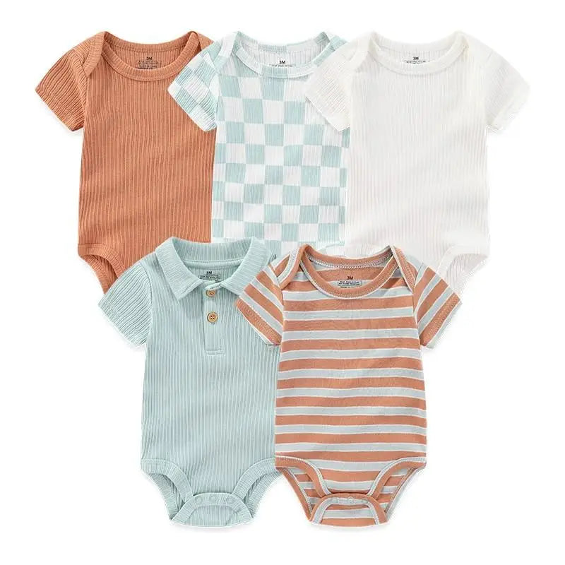 Cotton Baby Bodysuit Set of 5, Short Sleeve and Sleeveless Infant Clothing Styles with Solid Colors and Prints for Boys and Girls, 3M-12M