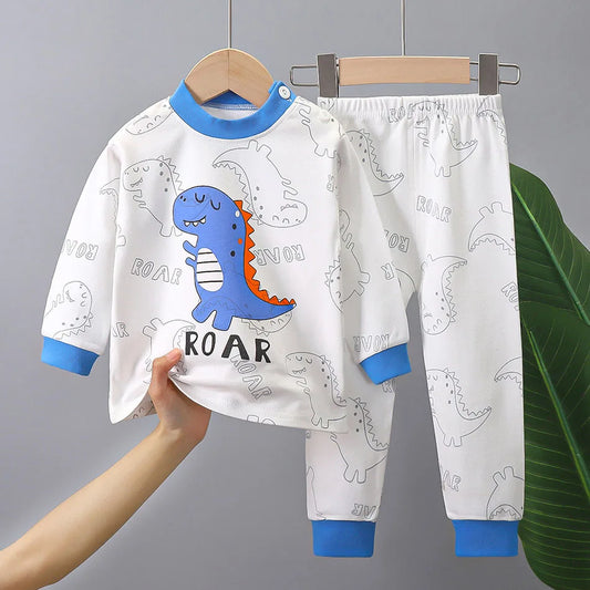 Dinosaur Print Kids Cotton Two-Piece Set with Long Sleeve Top and Matching Cuffed Pants, Unisex Baby and Toddler Outfit in Sizes 73-130