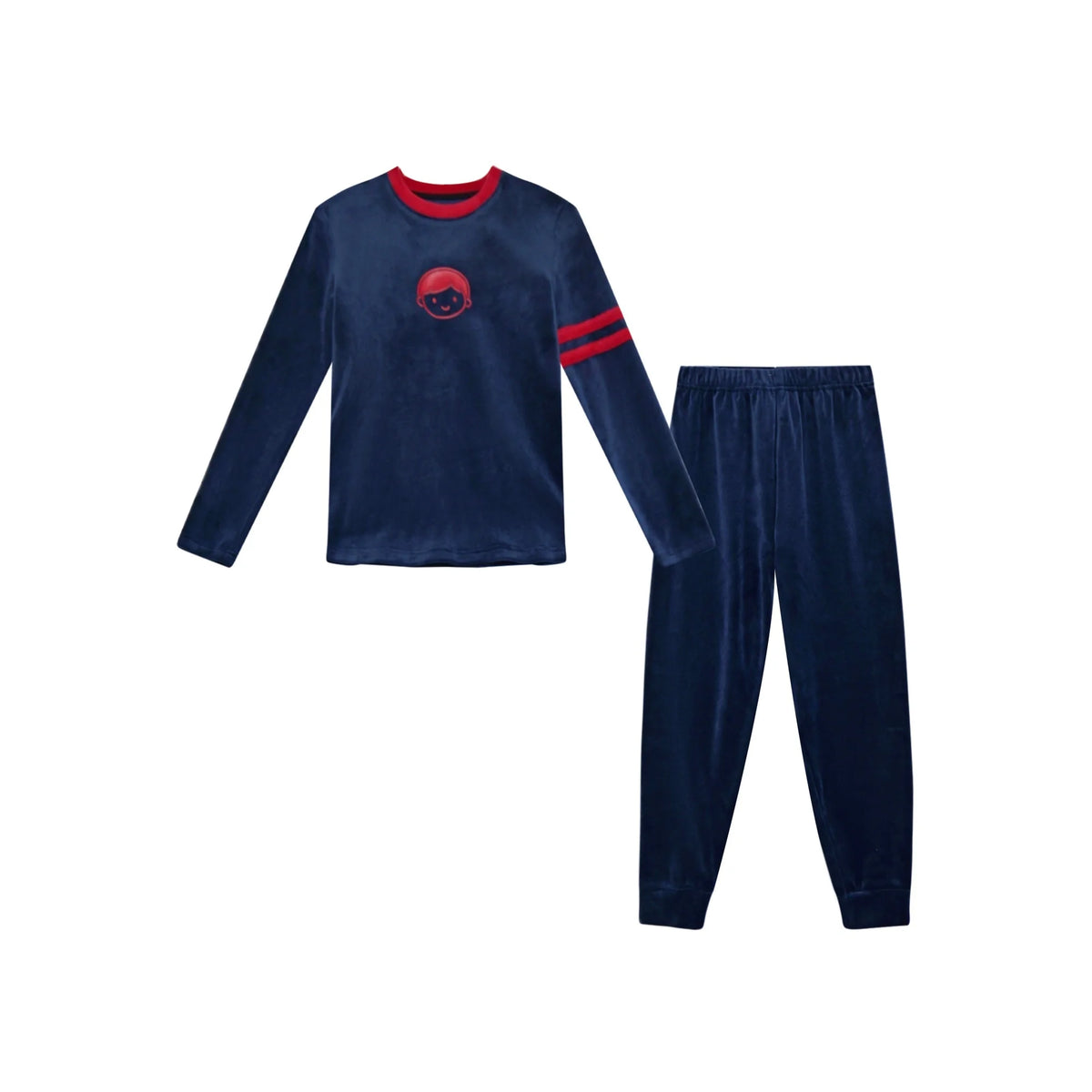 Kids Velour Pajamas with Printed Face Motifs, Red and Navy Long Sleeve Lounge Sets with Baby Footie and Teen Dress Options for Coordinated Outfits
