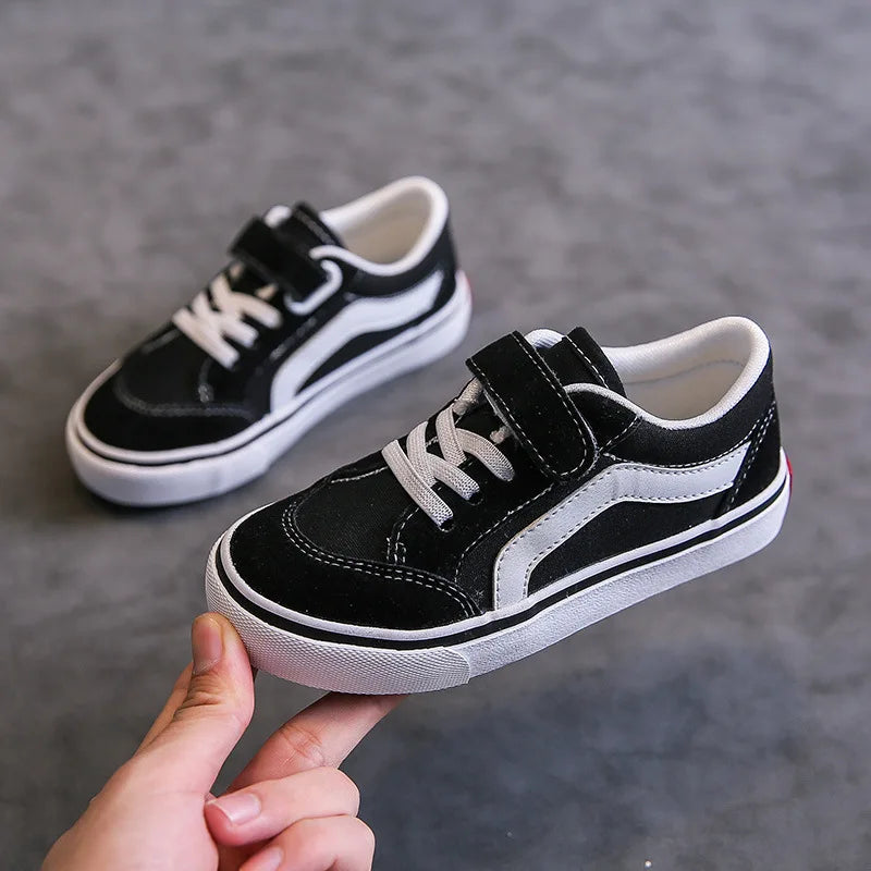 Kids Low-Top Canvas Shoes in Black and White with Hook-and-Loop Strap, Lace Detail and Contrast Side Stripe for Everyday Casual Outfits