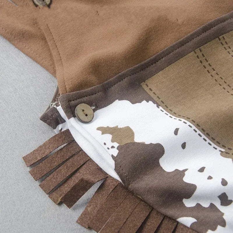 Cow Print Baby Cowboy Costume with Fringe Romper, Sheriff Hat and Red Bandana, Western Birthday Dress-Up Outfit with Sock Options
