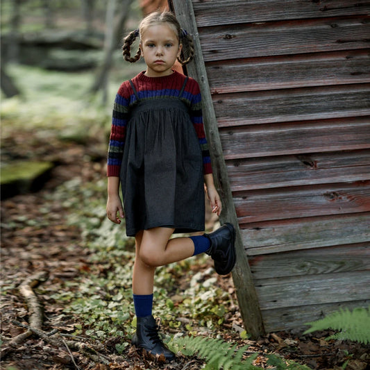 Striped Cable Knit Sibling Outfits with Dark Denim Jumper Dresses, Skirts and Pants, Coordinating Boys Girls Sweaters and Baby Romper Options