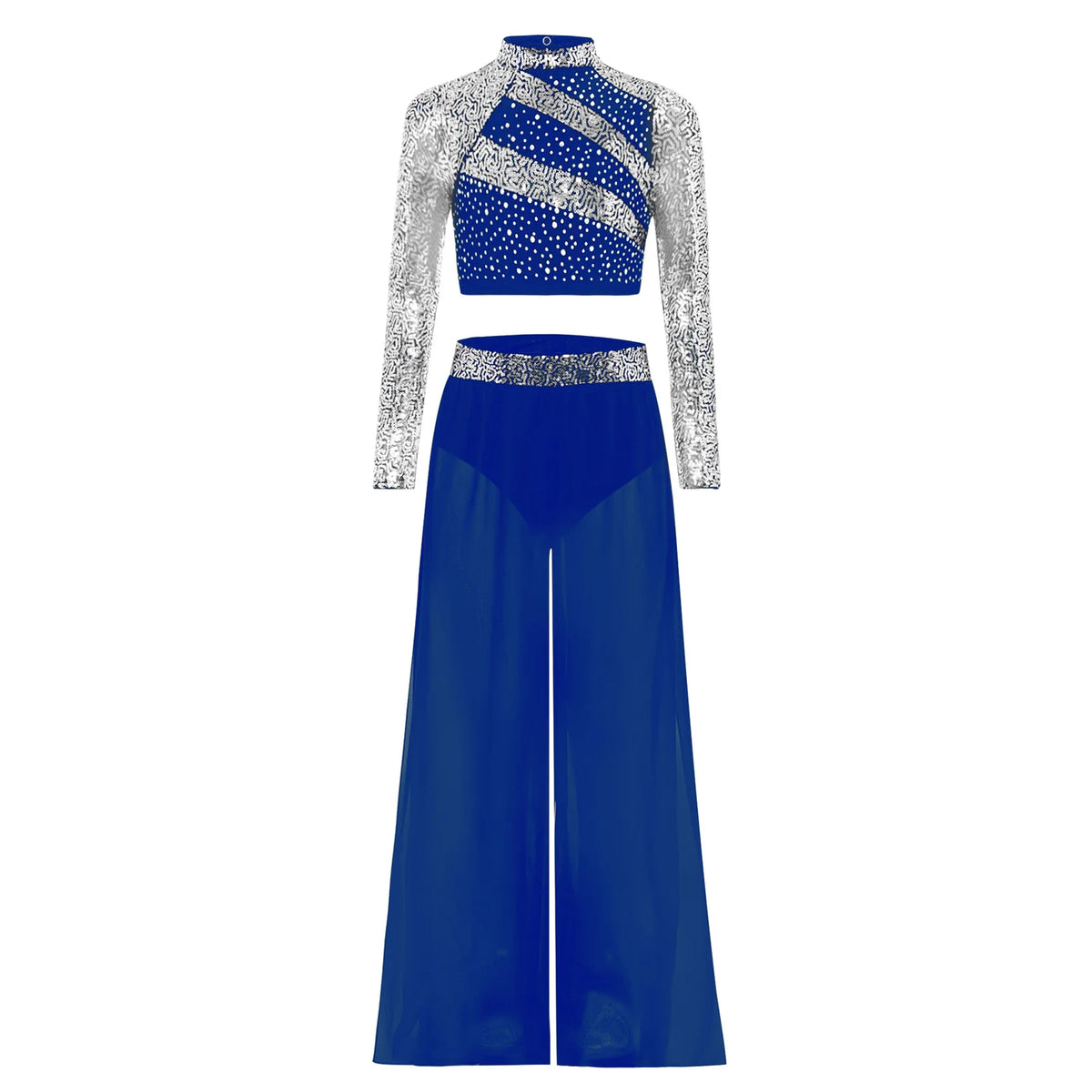 Girls Lyrical Dance Costume Set with Mock Neck Sparkle Top and Wide Leg Pants, Chiffon Overlay and Sleeveless Styles for Recitals and Stage Performances