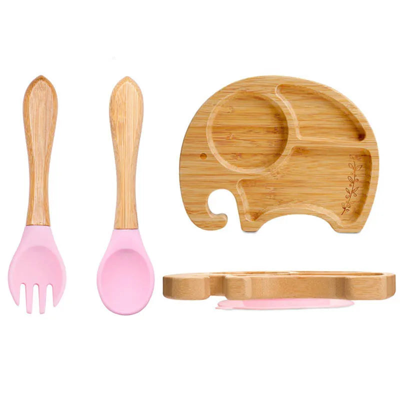 Baby Bamboo Suction Plate Set with Wooden-Handle Spoon and Fork, 3-Piece Cartoon Dinnerware with Divided Elephant Design for Toddler Meals